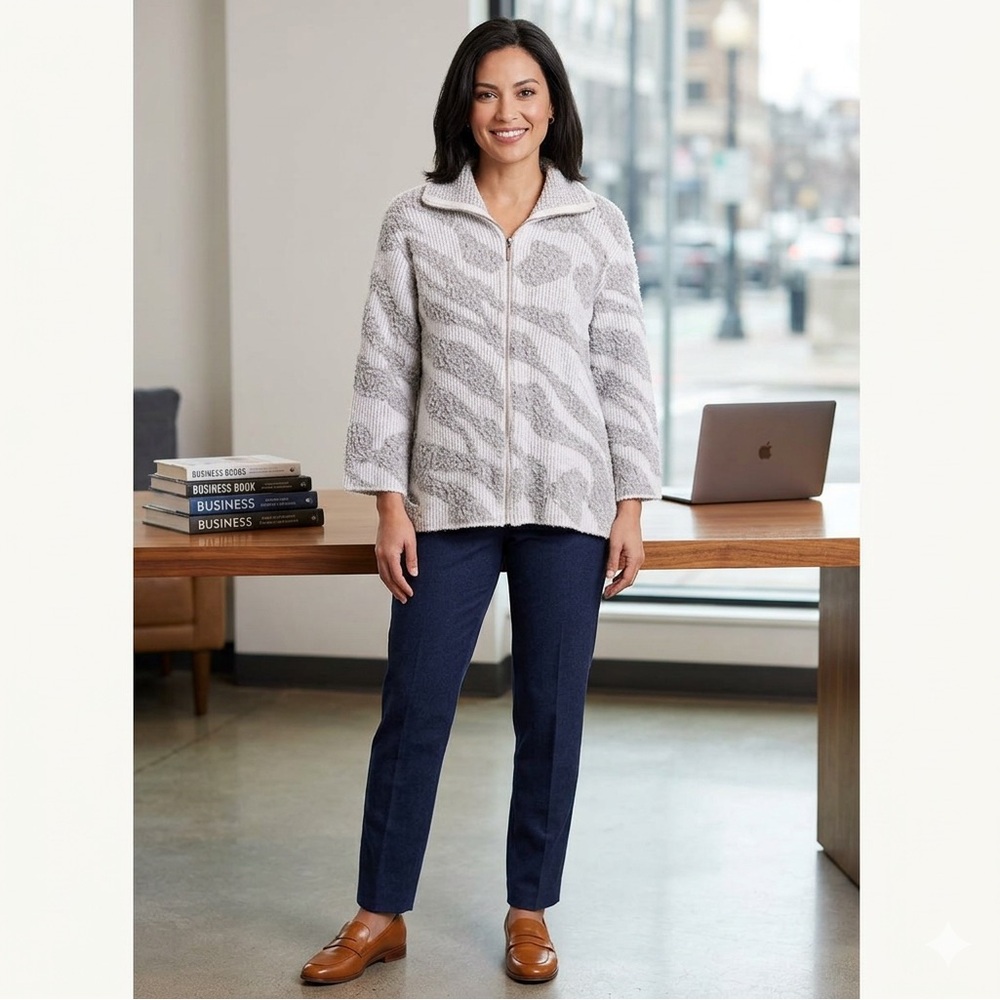 Ruby Rd. Gray and White Zip-Front Knit Cardigan size 1X Business Casual